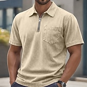 abordables Polo classique pour homme-Homme Polo Chemise 100% coton délavée à l'acide Occasionnel Tenue quotidienne Zip quart Manche Courte ancien Basique Uni Avec Poches Affligé Été Coupe régulière Vert Armée Noir Rose Claire bleu