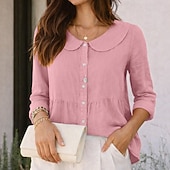 tanie Podstawowe fałszywe koszule-Damskie Koszula Codzienna koszula Zapinana na guziki koszula Sztuczna bawełna len Guziki Jednokolorowe Równina Urlop Moda Codzienny Kołnierzyk Piotruś Pan Zwykłe topy Streetwear Plaża Święto Czarny