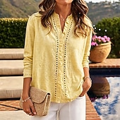 abordables Blusas Sencillas-Mujer Camisa Camisa casual Abotonar la camisa Lino de algodón sintético Volante Ojal Botones Color sólido Plano Vacaciones Moda Diario Manga Larga Escote en Pico Tops regulares Ropa de calle Playa