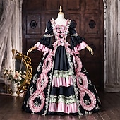 abordables Vestidos-Rococo Baroque Ball Gown Floor Length Dress Ball Gown Long Sleeves Princess Bridal Bow Floral Ball Gown Square Neck Fancy Dress Women's Royal Halloween Carnival Masquerade Prom Tea Party Party