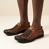 tanie Skórzane mokasyny premium-Męskie, skórzane, brązowe, oddychające, plecione, najwyższej jakości, skórzane, casualowe buty typu loafers na wakacje na plaży, zajęcia na świeżym powietrzu i podróże