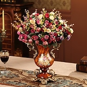 billige Kunstig blomst-europeisk kunstig vintage blomsteroppsats vasesett gyllen harpiksvase falsk blomst, luksuriøs europeisk stil hjemmeinnredning, bordblomsteroppsats for stue, kontor, hotell, inngangsparti