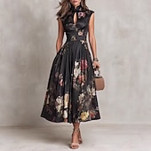 economico Abiti eleganti floreali-Per donna Abito Midi Abito in Raso Elegante Quotidiano Vacanza Weekend Vestibilità regolare Floreale Senza Maniche Colletto a Camicia Nero Estate
