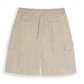 abordables Classique-Short cargo en lin pour homme – longueur genou, taille élastique avec cordon de serrage, multipoches, confortable &amp;respirant, décontracté, extérieur &amp;vacances à la plage, noir &amp; blanc
