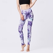voordelige Yoga leggings en panty's-Dames Pilatesbroek Yogabroek Billenlift met ruche Hoge taille Sportschooltraining Hardlopen Fitness Legging Kleding Onderlichaam Flora Amethist Wit Blauw Sport Sportkleding Hoge Elasticiteit