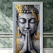 olcso Garázs- és ajtózászlók-zen buddhizmus imádkozó buddha szobor aranyfüst művészet ajtóbanner meditáló buddha fej szürke kő textúra ajtótakaró jóga stúdió meditációs szoba lakberendezés