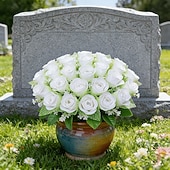 baratos Flor artificial-Arranjo requintado de rosas artificiais para lápides, ideal para o Dia da Memória, funerais e cemitérios, expressando condolências e despedidas a familiares e amigos.
