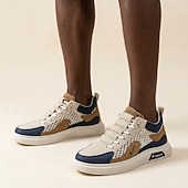 cheap Casual Sneakers-Men's Casual Lace-Up Sneakers White Beige Faux Leather Athletic Shoes for Walking, Travel and Everyday Style