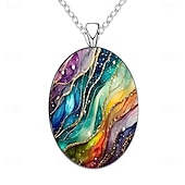 abordables Cadeaux-Collier pendentif ovale en verre, style rétro tendance, orné d'un ciel étoilé coloré et onirique, pour femmes et hommes. Bijou accessoire pour le cou.