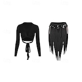 cheap Tops &amp; Sets-Women's Latin Dance Practice Set - Long Sleeve Tie-Front Wrap Top &amp; Asymmetrical Sequin Fringe Skirt