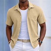 voordelige Men's Button Up Shirts-Men's Shirt Casual Shirt Beach Shirt Button Up Shirt Jacquard Shirt Black White Light Green Wine Blue Short Sleeve Solid Color Plain Lines / Waves Lapel Casual Streetwear Pocket Clothing Apparel