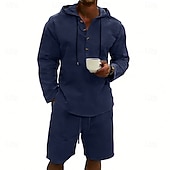 billige Linskjorte i bomull-Herre Linskjorte 2 deler Popover skjorte Og Shorts Lin Shorts Strandshorts Sett عادي Daglig utendørs Feriereise Med hette Langermet Sommer Mote Fritid Bekvem Klær