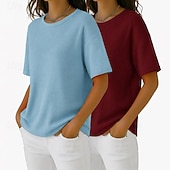 Недорогие Простая футболка-Набор из 2 женских футболок с вафельной текстурой, вафельный трикотаж, однотонные, стильные, базовые, классические, с коротким рукавом, круглым вырезом, стандартного кроя, повседневные, пляжные, розовые+оранжевые.