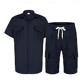 お買い得  メンズベーシックシャツセット-男性用 スタイル ２個 シャツセット そして ショーツ ビーチショーツ 設定 平織り カジュアル 日常 アウトドア 折襟 半袖 夏 ファッション カジュアル 快適 衣類