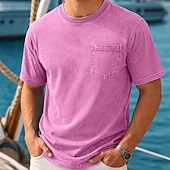 ieftine tricouri de bază-Bărbați Tricou Camasa de blugi Tricou din bumbac Cămașă spălată Mânecă scurtă Crewneck Vară Simplu Pit Strip Epocă Modă Designer Buzunar Stil Vintage Decolorat Casual Vacanță Stradă Albastru Deschis