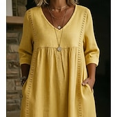 ieftine Rochii-Pentru femei Rochii Midi In din bumbac artificial Rochie de Vară Rochie A line Rochie de vară Vacanță Petrecere De Bază Zilnic Birou Plajă Potrivire Largă Simplu Manșon Jumate În V Albastru Deschis