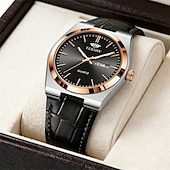 baratos Relógios Quartz-Relógio masculino de quartzo para negócios - relógio de pulso social com pulseira de couro e bisel em ouro rosa, relógio analógico luminoso com dia e data, relógio minimalista à prova d'água para