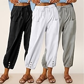 baratos Partes inferiores-Conjunto com 3 calças capri femininas de algodão, ideais para o verão, casuais, básicas, cintura alta, lisas, com bolsos, cintura elástica, confortáveis, respiráveis, sem elasticidade, para uso diário, em casa e nas férias, nas cores azul, azul marinho e