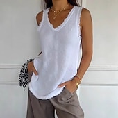abordables Tops de Encaje-Women's Eyelet Top Pointelle Tee Lace T-shirt Jacquard Solid Color Elegant Sleeveless V Neck Regular Tops Casual Daily Weekend White Summer Spring