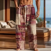 お買い得  メンズプリントカジュアルパンツ-男性用 ボヘミアン カラーブロック パッチワーク ズボン パンツ バギーパンツ ミディアムウエスト エスニック ヴィンテージレトロ 家 アウトドア バケーション ドローストリング 弾性ウエスト ワイドレッグ 夏 春 3Dプリント ブルー ルビーレッド