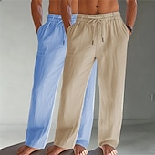 baratos Clássico-Homens Calças de linho Calças Calça verão Calças largas Calças de praia Com Cordão Bolsos Cintura elástica Tecido Conforto Respirável Comprimento total Diário Praia Férias Férias Havaiana Branco