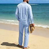 abordables Chemises lin et coton-Homme Chemise en lin Deux pièces Ensemble Chemise Et Pantalons en Lin Pantalons Pantalon décontracté Set Uni Quotidien Extérieur Plage Col Rabattu manche longue Été Printemps Mode Occasionnel