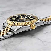 abordables Montres à quartz-Montre homme de luxe, cadran noir nid d'abeille, mouvement quartz bicolore or et argent en acier inoxydable, lunette cannelée, montre habillée avec date, bijou élégant à offrir.