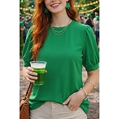  St. Patrick Women's T Shirt Tee Top Cut Out Solid Color Elegant Fashion Casual Half Sleeve Lantern Sleeve Crew Neck Regular Tops Daily Going out Weekend Green Summer Spring