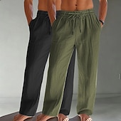 baratos Clássico-Homens Calças de linho Calças Calça verão Calças largas Calças de praia Com Cordão Bolsos Cintura elástica Tecido Conforto Respirável Comprimento total Diário Praia Férias Férias Havaiana Branco