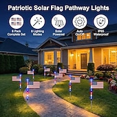 billiga Pathway Lights &amp; Lanterns-8 anslutna i 1 solcellsdrivna amerikanska flagggångslampor röda, vita och blå trädgårdsljus för 250-årsfirandet av självständighetsdagen patriotiska vattentäta LED-trädgårdsdekorationer för utomhusbruk, 4 juli och minnesdagen.