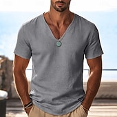 abordables Camisetas de Algodón y Lino-Hombre Camiseta Camisa manga corta Camiseta superior Camiseta de lino Manga Corta Escote en Pico Escote Primavera verano Verano Primavera Color sólido Plano Ropa de calle Elegante Ocio Clásico Puro
