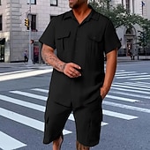 お買い得  メンズベーシックシャツセット-男性用 スタイル ２個 シャツセット そして ショーツ ビーチショーツ 設定 平織り カジュアル 日常 アウトドア 折襟 半袖 夏 ファッション カジュアル 快適 衣類