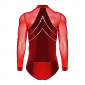 cheap Tops &amp; Sets-Men's Red Rhinestone Latin Dance Bodysuit Deep V Mesh Long Sleeve Ballroom Performance Costume
