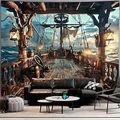 billiga Gobelänger-piratskepp nautiskt äventyr träskeppsdäck havsvågor havsutsikt lyktor solnedgång väggbonad väggdekoration bakgrund för vardagsrum sovrum man cave tema fest heminredning väggkonst