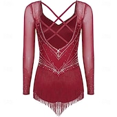 cheap Competition Dress-Women's Burgundy Latin Dance Dress - Rhinestone Mesh Long Sleeve Rhythmic Tassel Costume for Ballroom &amp; Competition