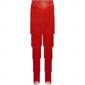 abordables Pantalones-Pantalones latinos rojos con flecos - ropa de baile con borlas escalonadas y ribete de lentejuelas para baile de salón &amp; escenario