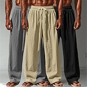 billige Klassisk-Herre Linbukser Bukser Sommerbukser Posete bukser Strandbukser Snorer Elastisk midje Rett ben عادي Komfort Pustende Full lengde Avslappet Daglig utendørs Ferie Mote Hvit + Svart + Grå Svart+blå+grønn