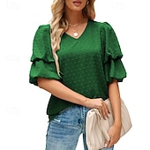baratos Chiffon Tops-Mulheres Camisa Social Blusa Tops de chiffon Tecido à moda Básico Clássico Manga Curta Manga Princesa Decote V Tops regulares Casual Diário Feriado Azul Preto Branco Vinho Verde Escuro Verão Primavera