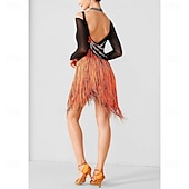 cheap Competition Dress-Women's Latin Dancewear - Black &amp; Orange Rhinestone Mesh Long Sleeve Bodysuit with Rhythmic Tassel Hem for Performance