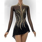 رخيصةأون فساتين التزلج الفني-فستان تزلج فني للنساء والفتيات، فستان تزلج على الجليد أسود مرقع، حاشية غير متماثلة، مرونة عالية، ملابس تدريب ومنافسة تزلج كلاسيكية، كريستال/أحجار الراين، أكمام طويلة، شكل تزلج على الجليد