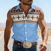 abordables camisas occidentales de los hombres-Hombre Cruz Étnico Bloqueo de color camisa occidental Camisa vaquera Camisa sin mangas Sin Mangas Vintage estilo occidental Exterior Vacaciones Verano Primavera Cuello Vuelto Impresión 3D Camisas con