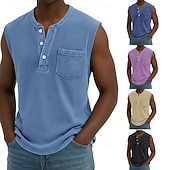 abordables Débardeurs-Débardeur pour homme SoftFade™ sans manches chemise sans manches Henley été printemps uni basique poche style vintage teinture en pièce vacances street décontracté quotidien noir haut Tee pour hommes