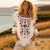 voordelige Overhemden-Dames Overhemd Overhemden met linnenlook Blouse Geborduurd Afdrukken Bloemig Vintage Stijlvol Korte mouw Strakke ronde hals Croptops Buiten Feestdagen Uitgaan Wit Geel Rood Zomer Lente