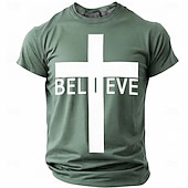  Believe Christian Cross Men's Minimalist Religious Spiritual T Shirt Graphic Crew Neck Short Sleeve Church Worship Gift for Believers Designer Clothing Apparel