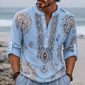 abordables Motif ethnique-Homme Ethnique Floral complexe Chemise Chemise Boutonnée Chemise Henley manche longue Vintage Rétro Occasionnel Vacances Mariage Été Printemps Col mandarin Col montant Impression 3D Chemise en lin