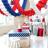  6 ks červených, bílých a modrých papírových girland na latte art, dekorace ke Dni nezávislosti USA, pamětní den, Den nezávislosti, Den práce