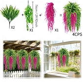 זול פרח מלאכותי-סט לתליית קיר מלאכותי של 4 שרכים ואקליפטוסים, קישוט מודרני לגינה ולפטיו, מושלם לאביב, יום האהבה, יום האם