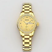 baratos Relógios Quartz-Relógio feminino de luxo, com bisel de diamantes, em aço inoxidável dourado e rosé, elegante e moderno, com janela de dia e data, joia à prova d'água para presentear sua mãe ou esposa.