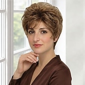 baratos peruca mais velha-Peruca sintética curta e elegante estilo pixie para mulheres - loiro claro com mechas sutis e volume texturizado.