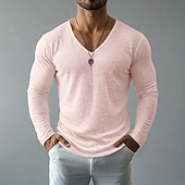 cheap Cotton Linen T-shirts-Men's Tee Top Linen T-Shirt Long Sleeve V Neck Spring &amp; Summer Summer Spring Solid Color Daily Casual Street Style Plain Casual Outdoor Street Blue Lake blue Black Top Tee for Men